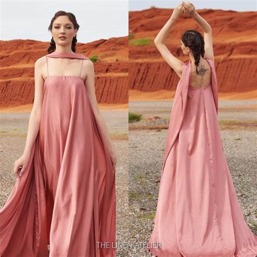 Backless Satin Party Dress | Satin Halter Maxi Dress | Grecian Flowy Evening Gown | Greek Goddess Wedding Guest Dress | Custom Fit - Etsy