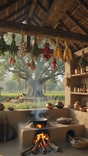 🌿 500-Year-Old Open Village Mud Kitchen 🏺 | Ancient Rustic Kitchen Design #shortsfeed