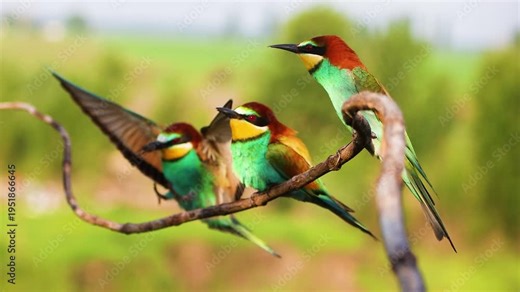 Small flock of three European bee-eaters gathering on a curved vine branch and actively communicating
