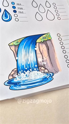 Coloring a waterfall step by step 💧Intense blue water with markers, white bubbles and highlights 💫