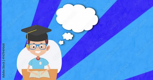 Graduation cap and thought bubbles animation over cartoon student reading book