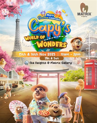 🎊 Begin Your Chapter of Homeownership and Fun with Matrix ONEFest Celebration! More fun, more joy, and more rewards await as we wrap up the year in style! ✨ Where festive cheer, exciting activities, and amazing rewards come together for one grand celebration of community and happiness! 💫 Kicking off this spectacular celebration at Eka Heights... 🐾 Capy’s World of Wonders brings a world of fun for the whole family! Meet our adorable CAPYBARAS, dance along with Capy the mascot, and join thrilli