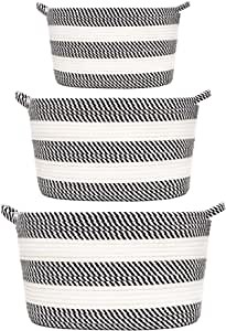 Dream Blue Cube Storage Baskets - Handmade Cotton Rope Storage Bins Cube Organizer Decorative Woven Basket for Closet Storage, Shelves, Clothes, Toy, Makeup, Books, Towels, Stripe, 3 Pack, Large