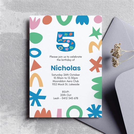 Editable 5th Birthday Party Invitation Template With Colorful Shapes (printable Evite Instant Download) - Etsy