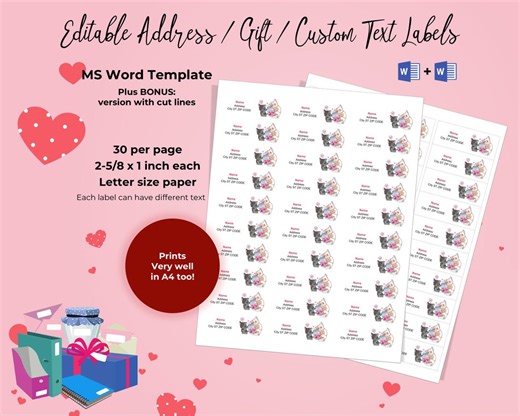 Printable Valentine’s Address & Gift Labels | 2 Editable Word Templates | Fit Avery 5160 | Digital Download | 30 per Page - Etsy