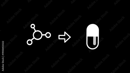 A molecular structure icon points toward a medical capsule symbol illustrating the pharmaceutical process where chemical research leads to the development of life saving drugs and treatments