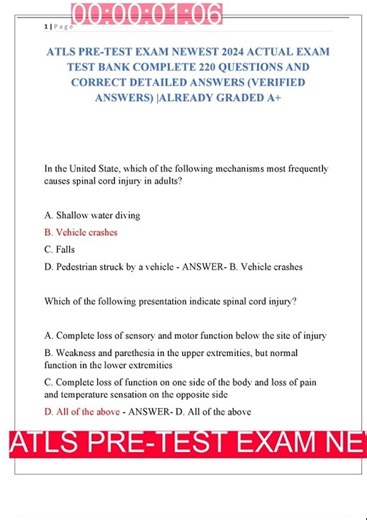 ATLS PRE TEST EXAM NEWEST 2025 ACTUAL EXAM TEST BANK COMPLETE 220 QUESTIONS AND CORRECT DETAILED ANS