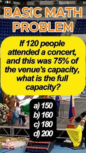 If 120 people attended a concert,and this was 75% of the venue's capacity, what is the full capacity