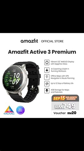 ￼Amazfit Active 3 Premium Smart Watch,AI Fitness Coach,GPS,Bluetooth Call&Music, 12 Day Battery