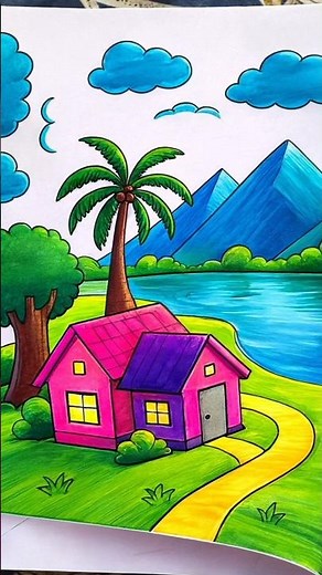 river side scenery drawing | easy scenery drawing | mountain scenery drawing | easy drawing