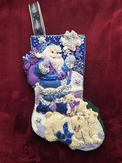 Embroidered and beaded holiday stocking with Santa and 3 polar bears