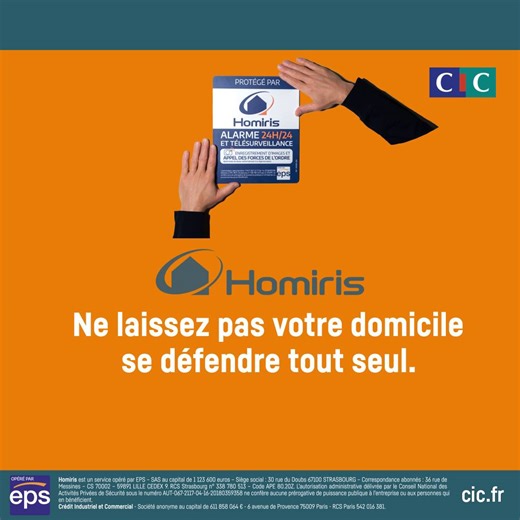 2.2K views · 19 reactions |  Protégez-vous des risques de cambriolage, d'agression et d’incendie avec Homiris, système d’alarme connecté et télésurveillance 24h/24. Et du 4/11 au 30/11/2024, profitez de 3 mois offerts ! ➡️ Infos et conditions sur https://bit.ly/4eYNoDF | CIC | Facebook