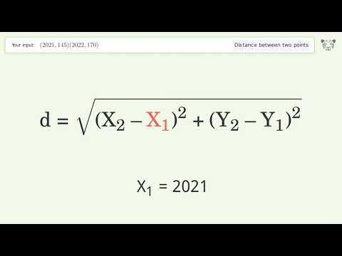 Find the distance between two points p1 (2021,145) and p2 (2022,170): Step-by-Step Video Solution