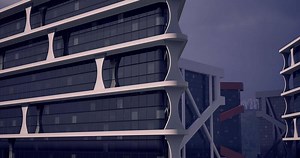 CGI Modern architectural design of a futuristic building in an urban setting