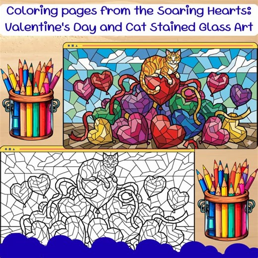 Coloring pages from the Soaring Hearts: Valentine's Day and Cat Stained Glass