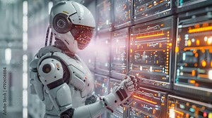 The robot standing the automation panel monitoring screen system software controls in a High-temperature nuclear reactor room