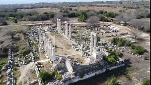 Aerial circular view of the ancient Temple of Aphrodite in Aphrodisias. View of ancient columns from the air.
