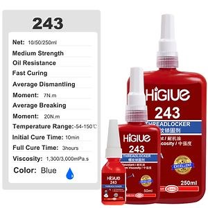 Blue 243 Anaerobic Thread Sealant Medium Strength Threadlocker 3h Full Curing Screw Glue M20 for Nuts Screw Sealing