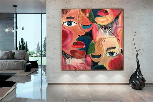 Red Pink Surreal Abstract Faces: Large Canvas Painting Modern Cubist Portrait Wall Art - Etsy