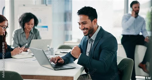 Fist pump, reading or businessman with laptop in office, proposal approval or forecast plan success. Coworking, celebrate or financial advisor with pc for email feedback, client acquisition or smile