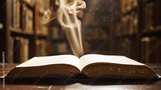 Mystical open book in a library with smoke and dust particles rising creating magical atmosphere