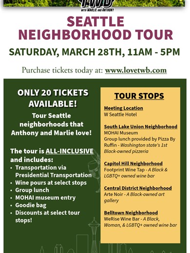 TWB Tours are officially back for 2026! The TWB Seattle Neighborhood Tour returns with brand new dates and the first tour is happening on March 28th. Our April 25th date is also live and ready to book. This is not just a sightseeing tour. This is a five hour guided experience hosted by us that highlights Black history in Seattle, local culture, amazing food, and great community. We are proud to partner with W Seattle as our official tour home base and check in location. The day begins and ends a