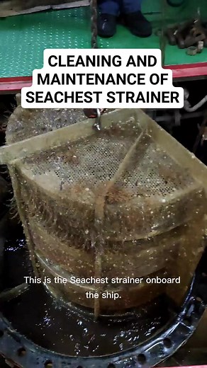 "This is the Seachest strainer onboard the ship. We took it out to clean off the garbage and marine growth. The Seachest is a vital component of a ship’s cooling system. It acts as a seawater intake system that filters water from the ocean before it is used for cooling purposes in engines, air conditioning, and other systems. Its primary function is to prevent debris, marine growth, and other contaminants from entering and damaging the cooling equipment. #marineengineering | Mhark Christian Cena