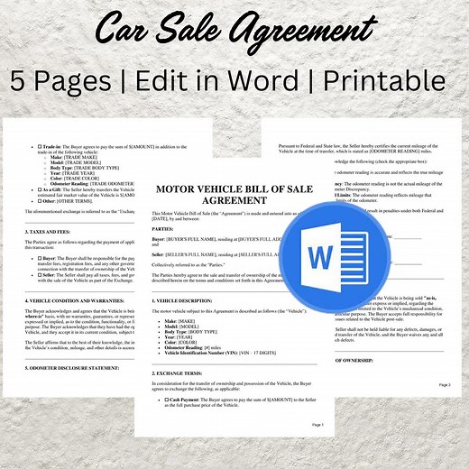 Car Sales Agreement Template: Editable Vehicle Purchase Contract (word) - Etsy