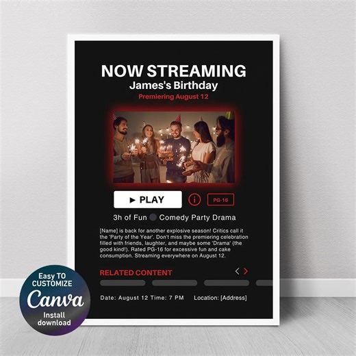 Streaming Birthday Invitation Template, Movie Night Party Invite, Teen Canva Editable Printable
