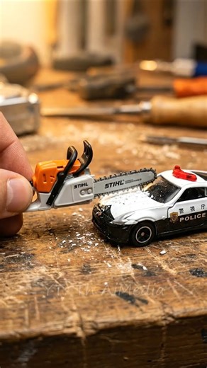 Tiny STIHL Chainsaw vs Police Car #satisfying #destruction #shorts