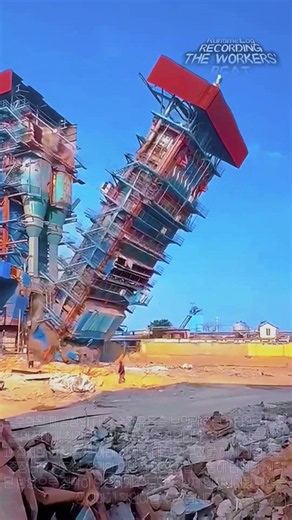 거대한 철골 타워가 계획된 방향으로 정확하게 쓰러지는 순간 #worker #process #demolition #construction #machinery