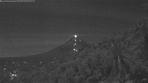 LOOK: Time-lapse footage of lava effusion and collapse from the Mayon Volcano summit crater recorded at 12:20 AM today, 03 March 2026. Effusive eruption at Mayon Volcano continues for the 57th consecutive day, generating incandescent lava flows, pyroclastic density currents (PDC) or “uson”, and rockfalls. Alert Level 3 prevails over Mayon and entry into the 6-km Permanent Danger Zone must be prohibited. #MayonVolcano | Philippine Institute of Volcanology and Seismology (PHIVOLCS-DOST)