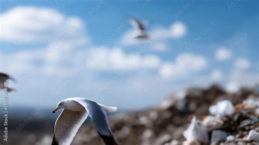 4k large landfill full of plastic waste, garbage bags, and mixed trash under a bright blue sky