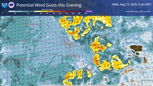 We're anticipating some gusty outflow winds reaching the Phoenix metro area later this evening from ongoing convection in higher terrain. Below is a loop of potential wind gusts from the HRRR model, where yellow and orange shades indicate wind gusts in excess of 30-40 mph. #azwx | US National Weather Service Phoenix Arizona