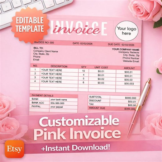 Buy Editable Pink Invoice | Google Sheets Template | Excel Business Invoice | Simple Modern Design Online in India - Etsy
