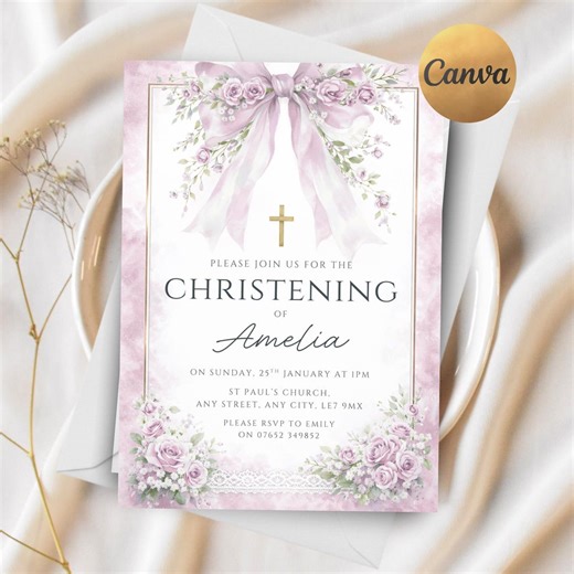 EDITABLE Purple Christening Invitation, Floral Baptism Invite for Girl, Bow & Cross Christening Invitation, Printable Template - Etsy