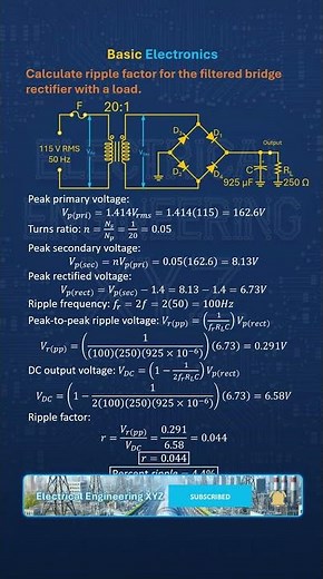 How to calculate ripple factor filtered bridge rectifier w load and 20:1 transformer 115 V RMS in