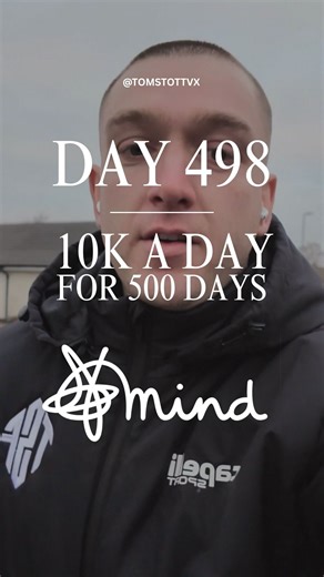 Tom Stott on Instagram: "🏃🏽 Day 498 - 10km a day for 500 days. Raising money & awareness for @mindcharity 🧠💙 It all started out as an attempt to raise funds for MIND whilst attempting to gain a Guinness World Record for the most consecutive daily 10km runs. This changed over half way into the challenge when American Chad Taylor set a new GWR (and still going past the 7 year mark)! One of the two goals has always stayed the same, even without that @guinnessworldrecords on the cards anymore. T