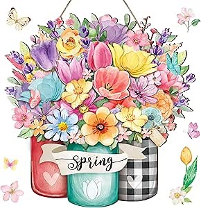 Juexica Spring Flower Door Sign Spring Decoration for Home Floral Welcome Wreaths for Front Door Rustic Wood Wall Hanging Decor Home Party Outdoor Indoor Decor