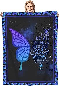 Scripture Butterfly Throw Blanket Bible Verse Blanket Christian Gift for Women Inspirational Blanket Religious Prayer Flannel Lightweight Blanket, Blue