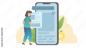 Woman Developing User Interface For Application On A Large Smartphone. Mobile App Development Process. 2D Flat Animation.
