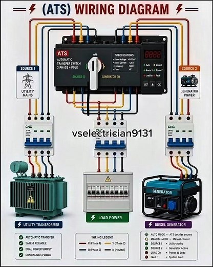 wiring diagram for a 3-phase, 4-pole Automatic Transfer Switch (ATS) system #viral #iti #new #trend