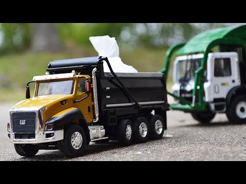 Garbage Truck Videos For Children l Caterpillar CT660 Yellow Dump Truck and First Gear Front Loader