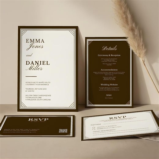 Minimalist Dark Brown Wedding Invitation Suite, Modern Espresso Rustic Invite Template, Luxury Boho Stationery Set, Old Money Invitation - Etsy