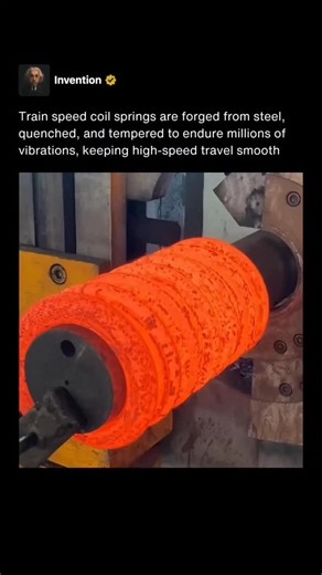 Invention on Instagram: "Train speed coil springs play a vital role in ensuring stability, comfort, and safety at high speeds. These springs absorb shocks and vibrations that occur as trains move along the rails, reducing strain on both the railcar and its passengers. Each spring must be engineered with exceptional precision to maintain consistent performance under extreme and continuous loads. The manufacturing process begins with high-grade steel rods that are heated until they reach a glowing