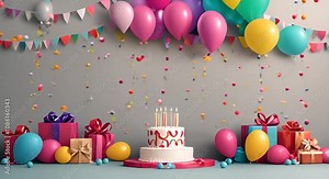 Festive birthday celebration greeting card with balloon border template and copy space 4K