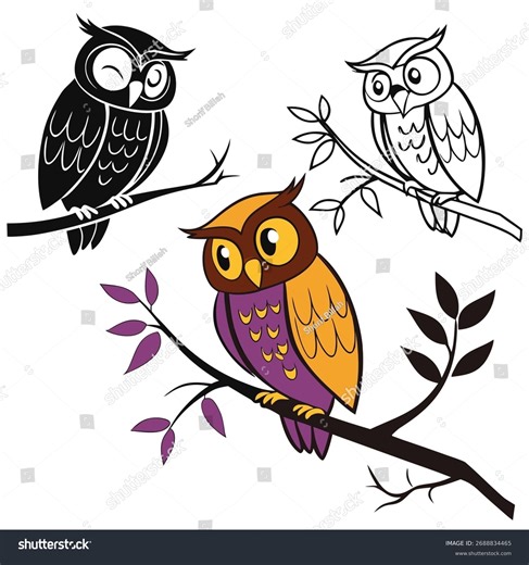 Three Stylized Owls Sitting On Branches Stock Vector (Royalty Free) 2688834465 | Shutterstock