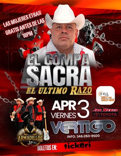 EL COMPA SACRA in Houston - Tickets 2026-04-03 | Vertigo club