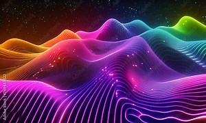 Bright colored waves in digital art style on a cosmic background. Concept of technology and data.
