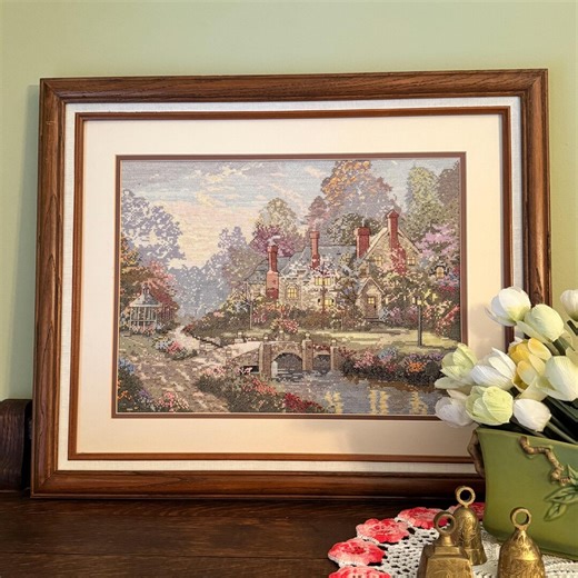 Thomas Kinkade Beyond Spring Gate Cross Stitch | Framed Cottage Garden Landscape | Candamar Needlework Art Bridge Gazebo Scene - Etsy